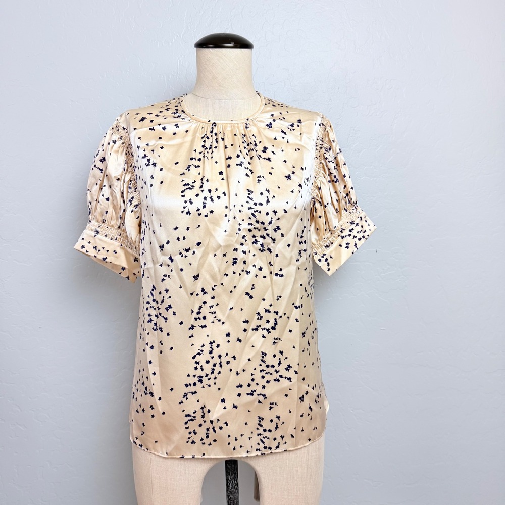 NEW Rebecca Taylor Womens Silk Floral Puff Sleeve Blouse Cream‎ Purple Size S